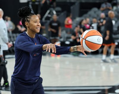 Assistant coach Briann January of the Indiana Fever warms up with players before a game against the Las Vegas Aces at T-Mobile Arena on June 22, 2025 in Las Vegas, Nevada.  (Getty Images)