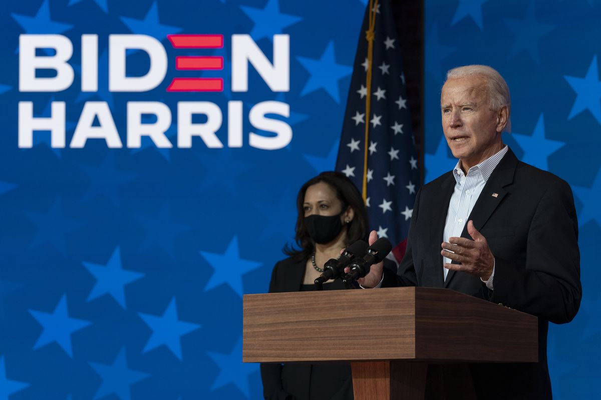Democratic presidential candidate former Vice President Joe Biden joined by Democratic vice presidential candidate Sen. Kamala Harris, D-Calif., speaks at the The Queen theater Thursday, Nov. 5, 2020, in Wilmington, Del.  (Carolyn Kaster)