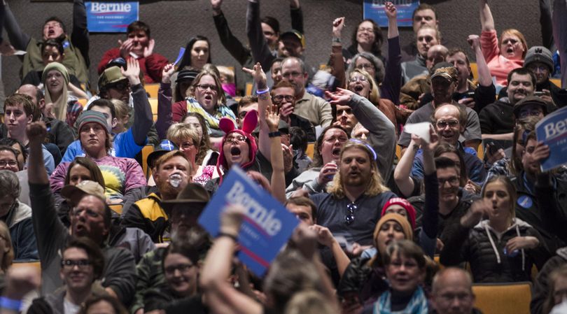 Bernie Sanders supporters cheered for their candidate at North Idaho College in Coeur d'Alene, Idaho during the Democratic Party caucuses on Tuesday, March 22, 2016. (Kathy Plonka / The Spokesman-Review)