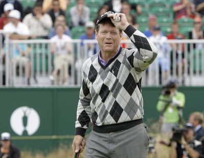 Tom Watson gestures after finishing his round of 5-under-par 65 that has him in second place at the British Open.  (Associated Press / The Spokesman-Review)