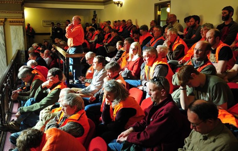 Montana sportsmen from across the state waited patiently in blaze orange in the high gallery above the house floor waiting for HB235 to be discussed Monday. Proponents say that the bill would allow public access to 860,000 acres of public land. (Independent Record)