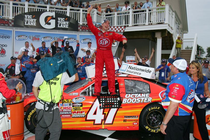 Marcos Ambrose, driver of the No. 47 STP Toyota, celebrates in victory lane after winning the NASCAR Nationwide Series Zippo 200 at Watkins Glen International on Saturday in Watkins Glen, N.Y. (Photo Credit: Todd Warshaw/Getty Images for NASCAR)  (Todd Warshaw / The Spokesman-Review)