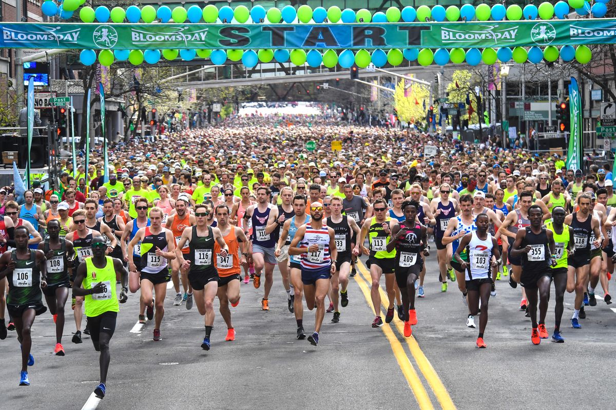 Bloomsday runners break from the start on Riverside Avenue, Sunday, May 5, 2019. (Dan Pelle/THE SPOKESMAN-REVIEW)