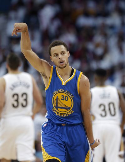 Golden State’s Stephen Curry celebrates a win over New Orleans. (Associated Press)