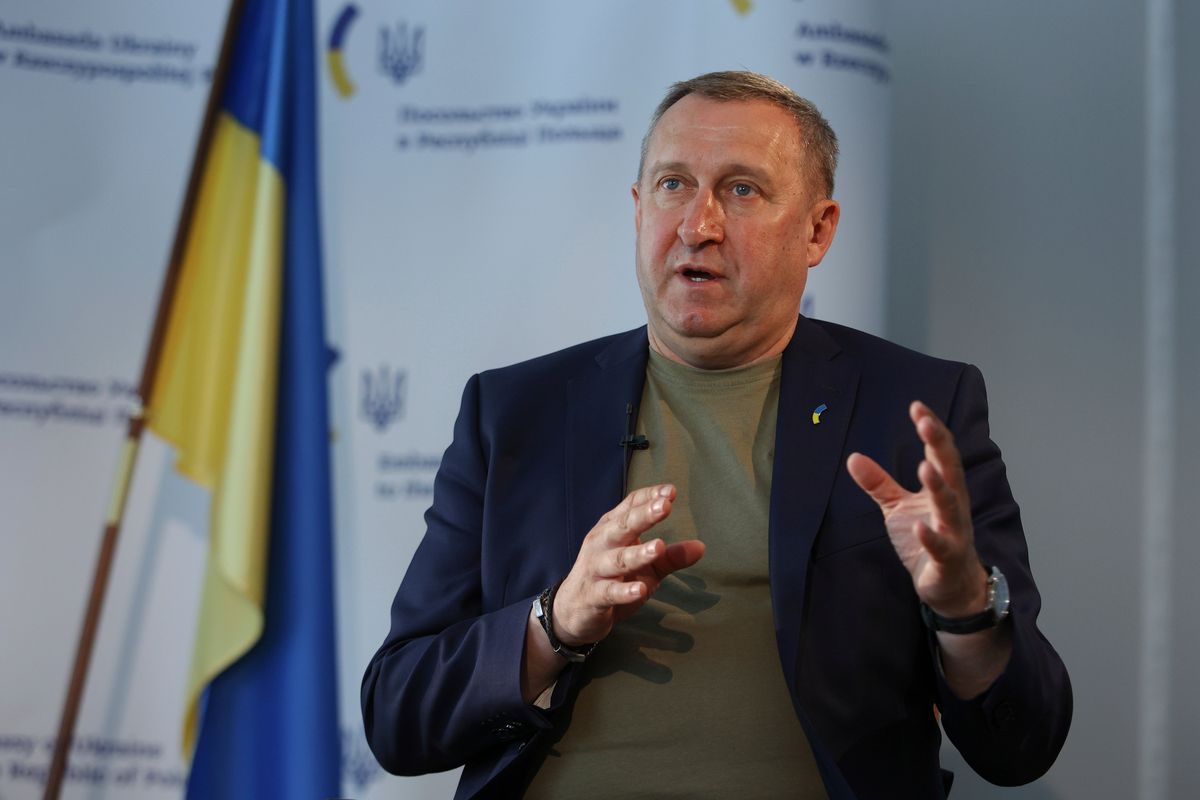 Ukrainian Ambassador to Poland, Andrii Deshchytsia, speaks during an interview with The Associated Press in Warsaw, Poland, Friday, May 20, 2022. Ukraine