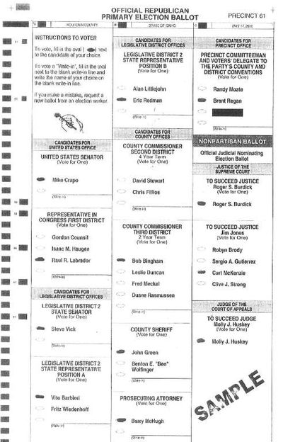Ballot circulated to neighbors in Precinct 61 by IFF board chairman Brent Regan this week to announce his candidacy for precinct committeeman. CLICK ON BALLOT FOR LARGER VIEW