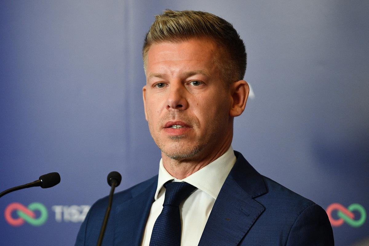 Peter Magyar, leader of the pro-European conservative TISZA party, makes a statement in Budapest during the general election on April 12, in Hungary.   (Tribune News Service )