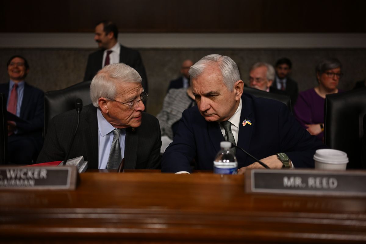 Sen. Roger Wicker (R-Mississippi), left, chairman of the Senate Armed Services Committee, confers with Sen. Jack Reed (Rhode Island), its top Democrat, during a hearing April. The two requested an inspector general review into Defense Secretary Pete Hegseth's use of the messaging app Signal. MUST CREDIT: Ricky Carioti/The Washington Post  (Ricky Carioti/The Washington Post)