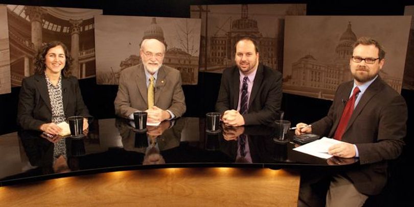 From left, Betsy Russell, Jim Weatherby, Brian Murphy and host Greg Hahn on Idaho Public Television's 