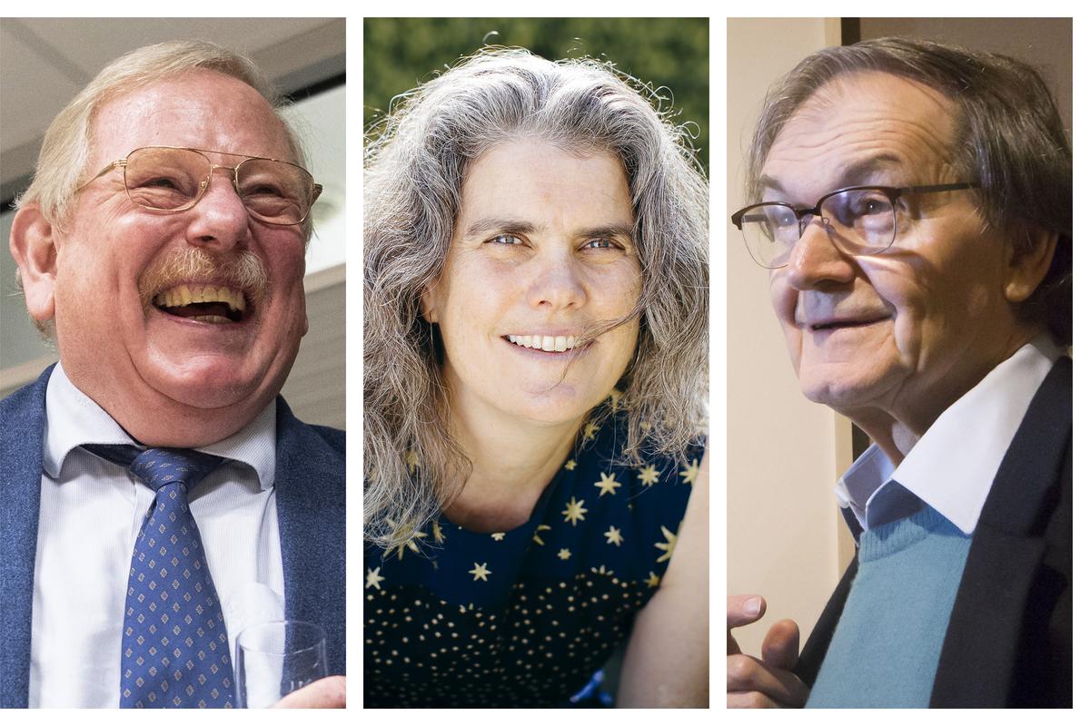 This combination of 2020 and 2015 photos shows, from left, Reinhard Genzel, astrophysicist at the Max Planck Institute for Extraterrestrial Physics; Andrea Ghez, professor of physics and astronomy at UCLA, and Roger Penrose, of the University of Oxford. On Tuesday, Oct. 6, 2020, they shared the Nobel Prize in Physics for advancing our understanding of black holes. (Matthias Balk, Elena Zhukova, Danny Lawson)