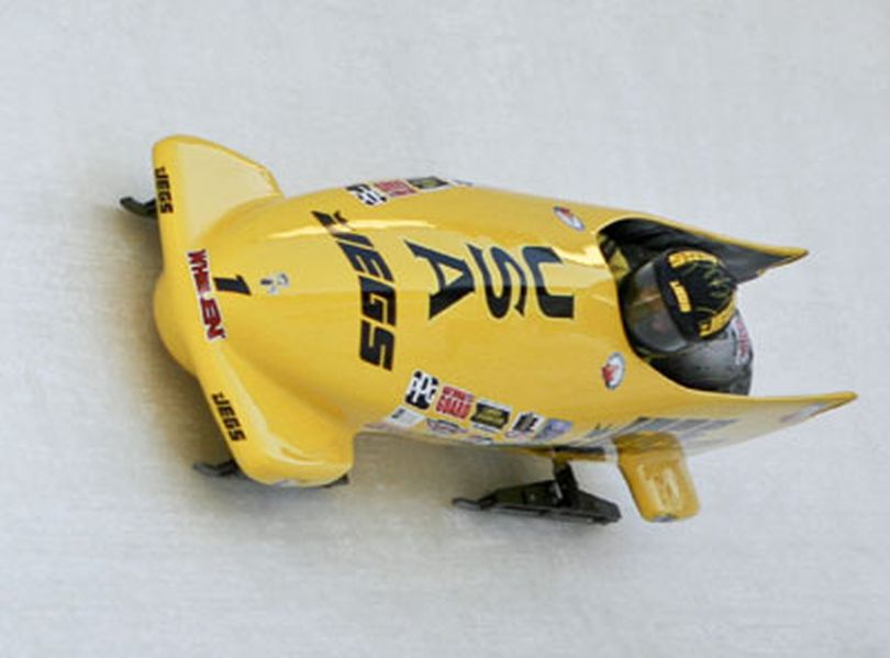 Jeg Coughlin flies down the bobsled course in Lake Placid, New York. (Photo courtesy of NHRA)
