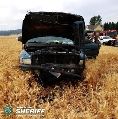 Authorities allege the driver of this green Dodge Ram was impaired when she collided with a silver Ford Fiesta Wednesday at Bruce and Peone roads near Mead. Jacqueline M. Gregory, 60, was booked into the Spokane County Jail on suspicion of vehicular assault while the other driver was taken to the hospital with serious but non-life threatening injuries.   (Courtesy of Spokane County Sheriff's Office)