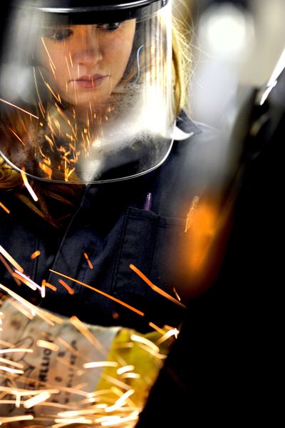 Tyree Kearns, 26, works on a metal sculpture Thursday. (Kathy Plonka)