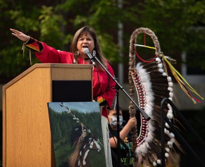 Margo Hill of the Spokane Tribe speaks during the Whistalks Way Community Celebration held Friday at Spokane Falls Community College to recognize the successful renaming of the former Fort George Wright Drive to Whistalks Way after the indigenous female warrior Whist-alks.  (Libby Kamrowski/ THE SPOKESMAN-REVIEW)