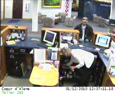 This surveillance photo is from a robbery on Tuesday in Coeur d'Alene at the Washington Trust Bank. (Coeur d'Alene Police Department)