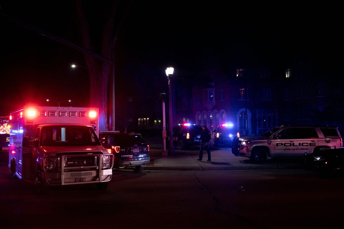 Police on the campus of Michigan State University in East Lansing on Monday night, Feb. 13, 2023. A gunman killed three people and wounded five others, all students, at Michigan State University on Monday, setting off a three-hour police manhunt and forcing students to hide in their dormitories at one of America
