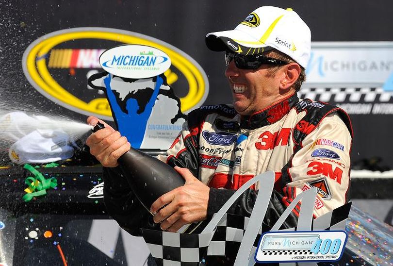 Greg Biffle celebrates his Pure Michigan 400 win at Michigan International Speedway. (Photo Credit: Jared C. Tilton/Getty Images for NASCAR) (Jared Tilton / Getty Images North America)