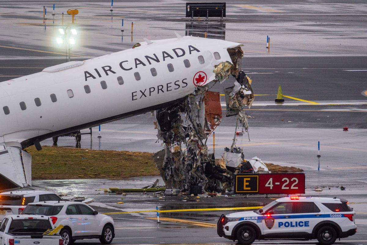 An Air Canada regional jet that collided with a Port Authority fire truck at LaGuardia Airport in Queens, on Monday, March 23, 2026. A runway collision at New York