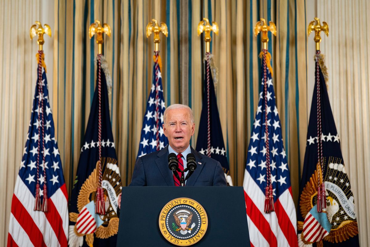 President Joe Biden delivers remarks about the International Longshore and Warehouse Union and the Pacific Maritime Association workers finalizing a new contract for work in U.S. West Coast ports, in the State Dining Room at the White House in Washington, on Sept. 6, 2023. In the months since President Biden approved the Willow drilling project, his administration has curtailed fossil fuel activities on millions of acres of public land and in federal waters. (Al Drago/The New York Times)  (AL DRAGO)