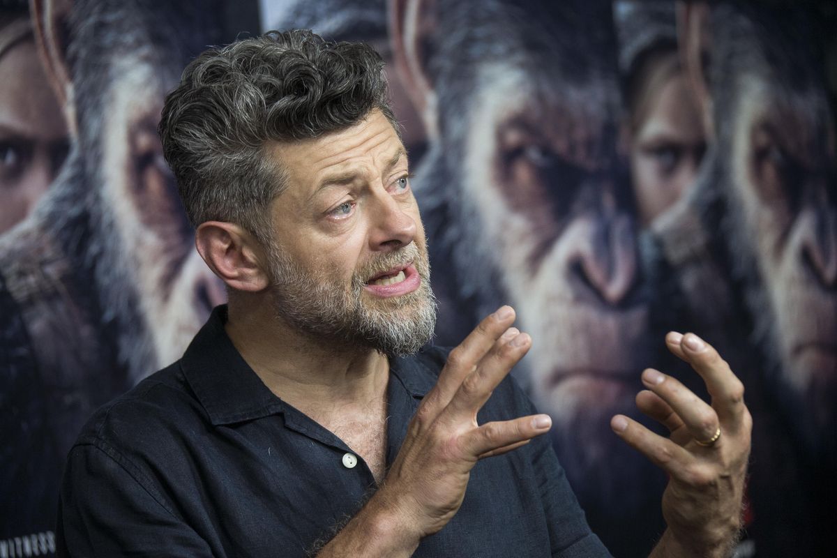 Actor Andy Serkis talks to media upon arrival at the screening of the “War for the Planet of the Apes” in London on June 19. (Joel Ryan / Associated Press)
