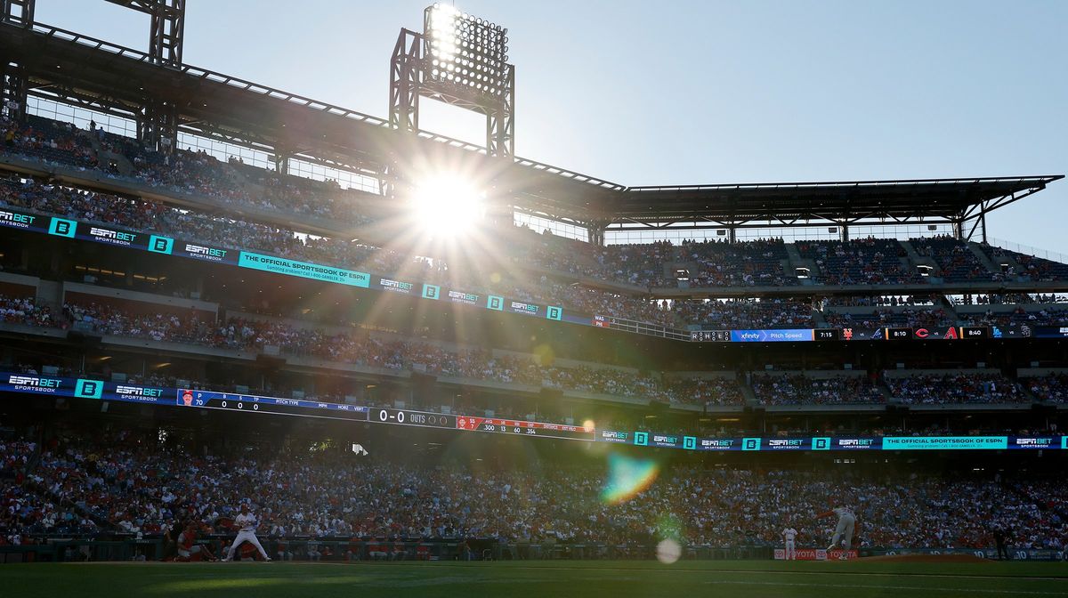 The sun shines at Citizens Bank Park in Philadelphia, where a baseball will be put in play for an average of 2.51 pitches.  (Tribune News Service)