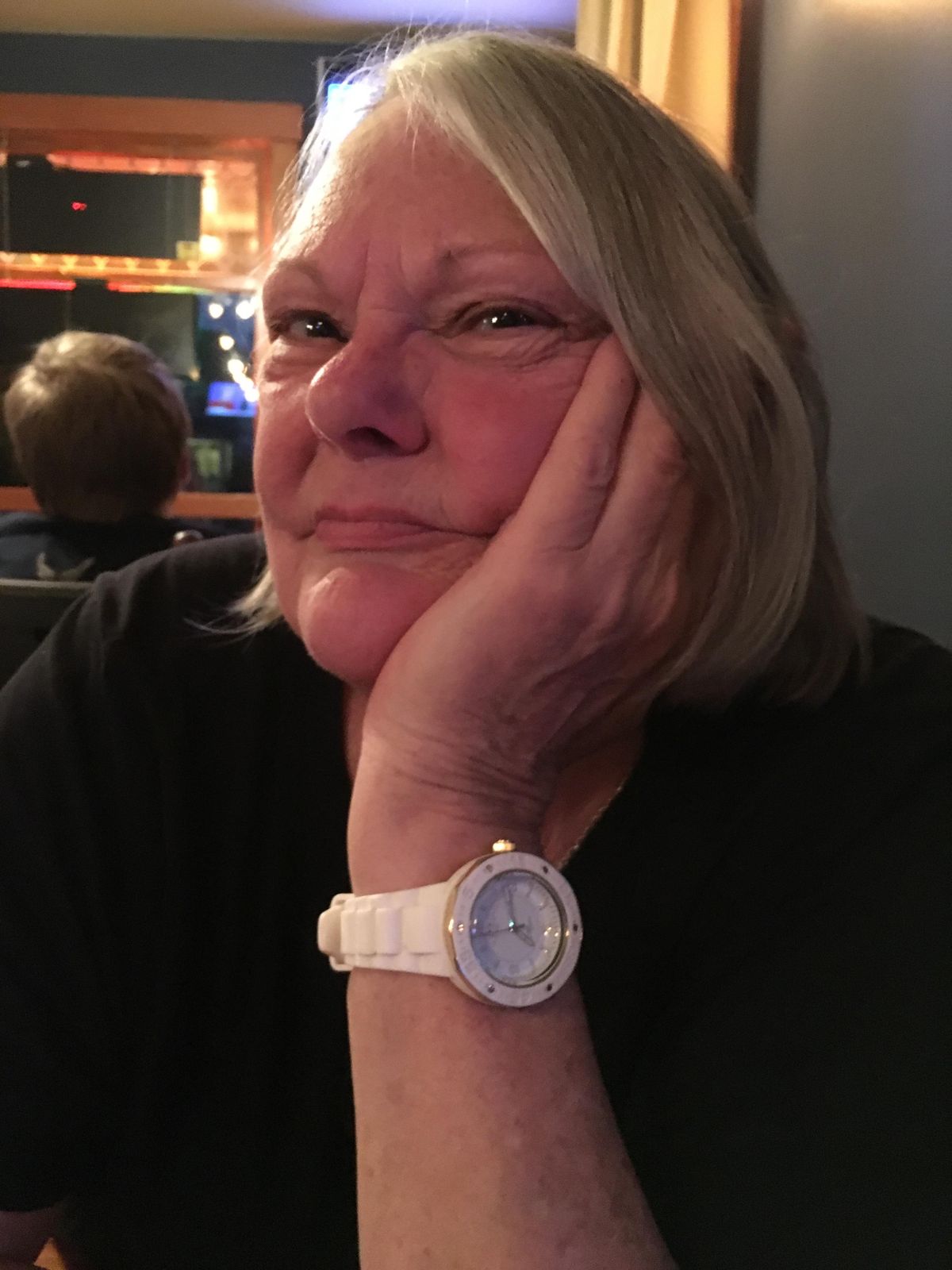 Paulette Taylor watched Monday’s debate at Browne’s Tavern. “I haven’t heard anything new. It’s the same old thing,” she said. “I thought this (going out) would be better than screaming at my T.V.” (Eli Francovich / The Spokesman-Review)