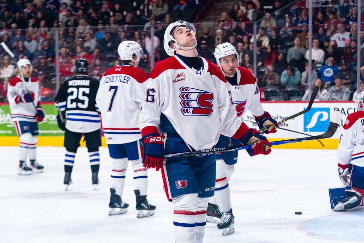 Spokane Chiefs forward Chase Harrington reacts to a Wenatchee Wild goal with 26.7 seconds left in the second period at the Arena on Feb. 14, 2026.   (Larry Brunt)