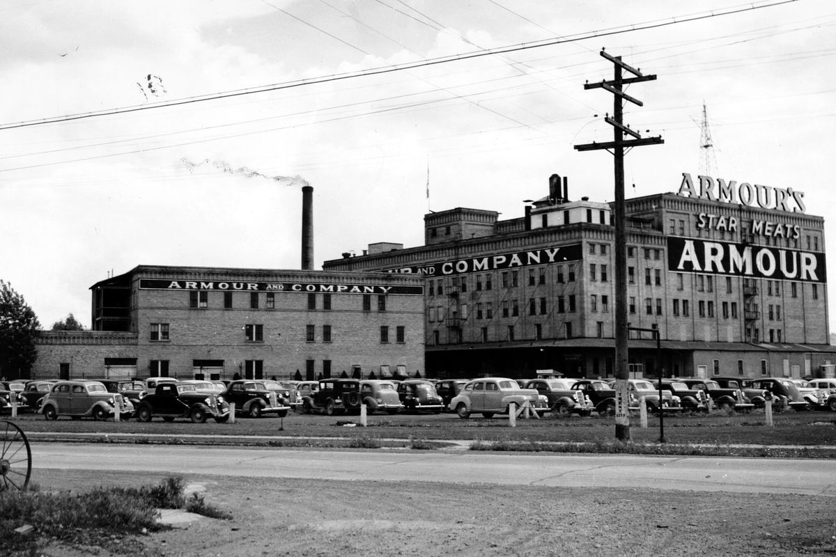1945: Armour and Co. began preparing and distributing meats in Spokane in 1900 when it purchased Morris Packing Co. Originally at Wall Street and Railroad Avenue, the company moved to 3300 E. Trent Ave. in 1917 when it purchased the E.H. Stanton Co.