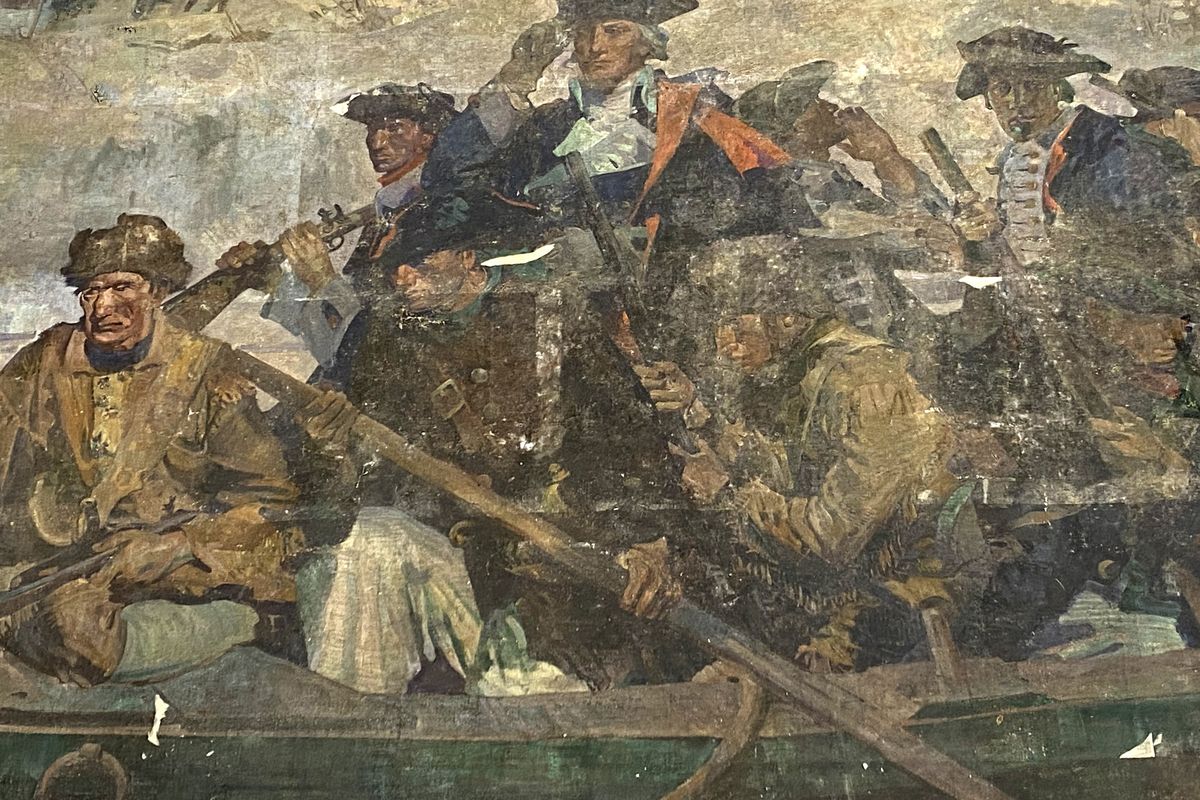 A 1921 mural of George Washington crossing the Delaware River in 1776, by George M. Harding, was recently found in a New Jersey basement, damaged but salvageable. MUST CREDIT: Photo by Annette Earling  (Annette Earling/Handout)