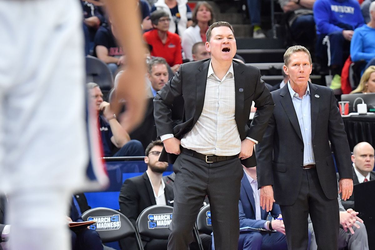 Gonzaga Bulldogs head coach Mark Few and assistant coach Tommy Lloyd call plays against the Baylor Bears during the second half of a second round mens basketball game in the NCAA Tournament on Saturday, March 23, 2019, at Vivint Smart Home Arena in Salt Lake City, Utah.   (Tyler Tjomsland / The Spokesman-Review)