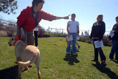 
Dog trainer Lori McCallister, left, holds the leash of Snickers and gives direction in a 