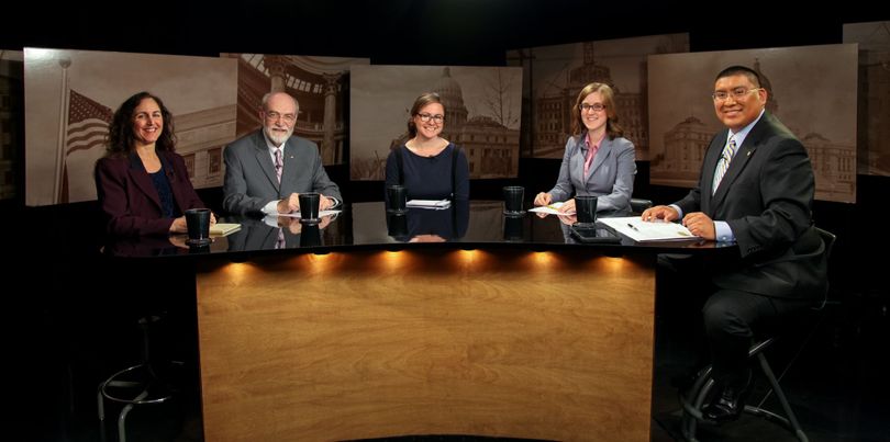 From left, Betsy Russell, Jim Weatherby, Kimberlee Kruesi, and co-hosts Melissa Davlin and Aaron Kunz on Idaho Public TV's 