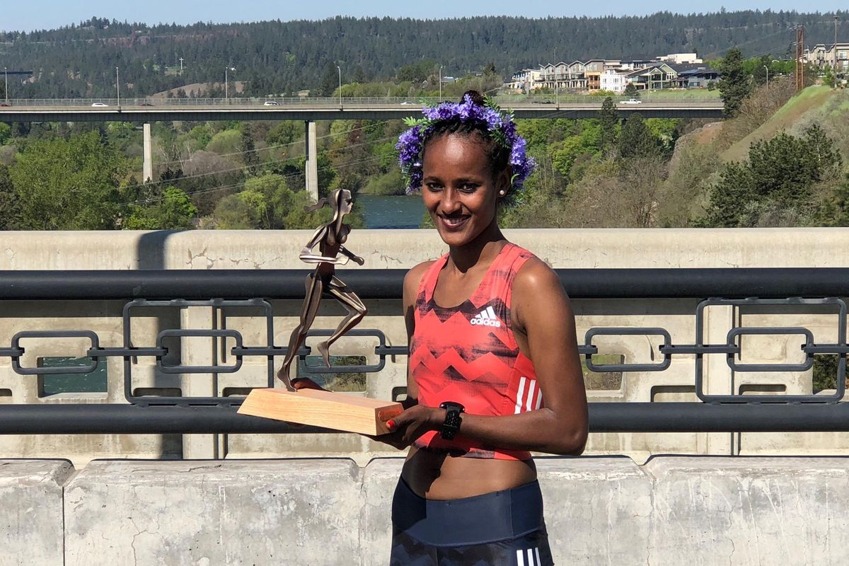Buze Diriba, 24, of Ethiopia, winner of the women’s elite 2018 Lilac Bloomsday 12K race on Sunday, May 6, 2018 in Spokane, Washington. (Dave Nichols / The Spokesman-Review)