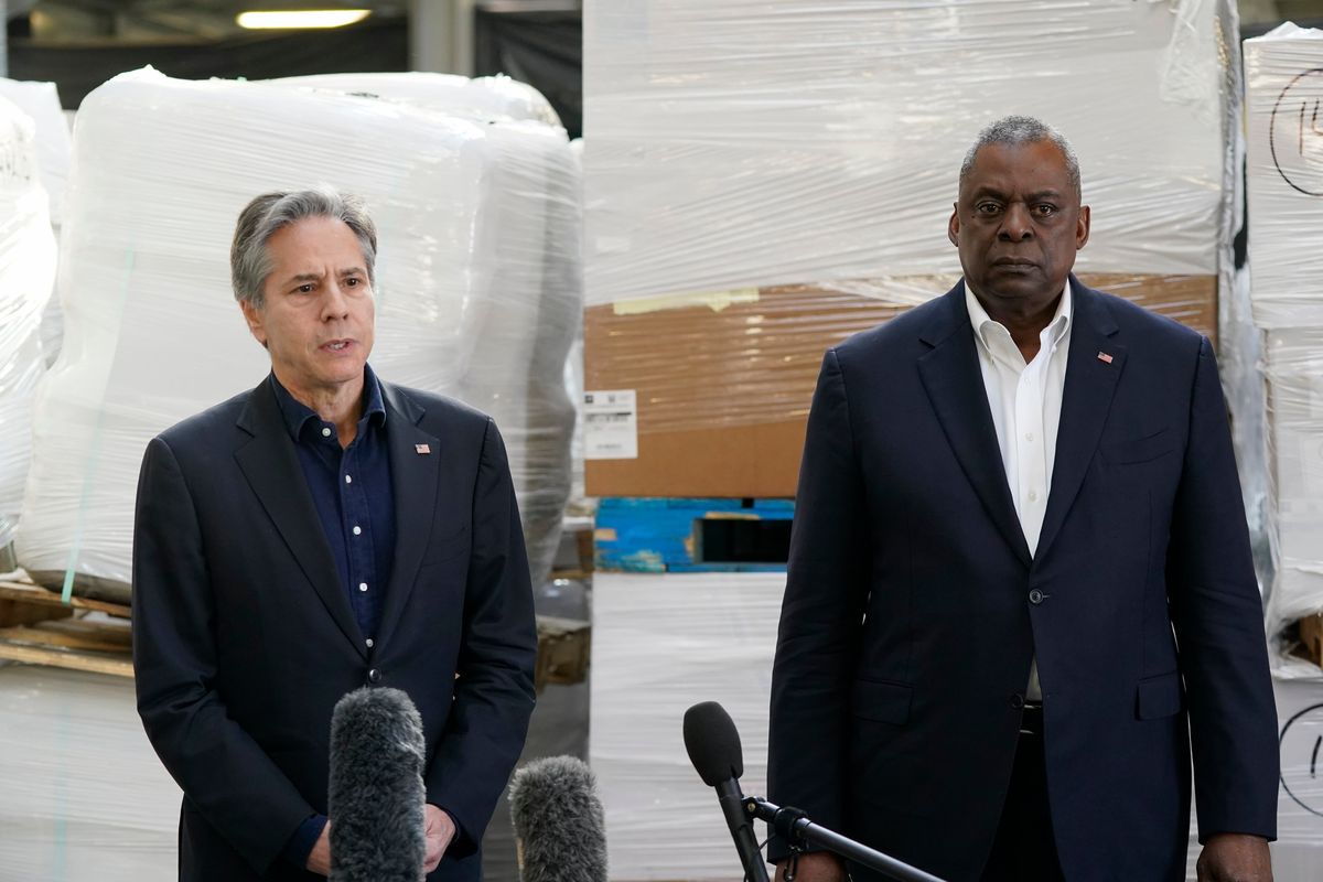 Secretary of State Antony Blinken, left, and Secretary of Defense Lloyd Austin speak with reporters Monday in Poland, near the Ukraine border, after returning from their trip to Kyiv and a meeting with Ukrainian President Volodymyr Zelenskyy.  (Alex Brandon)