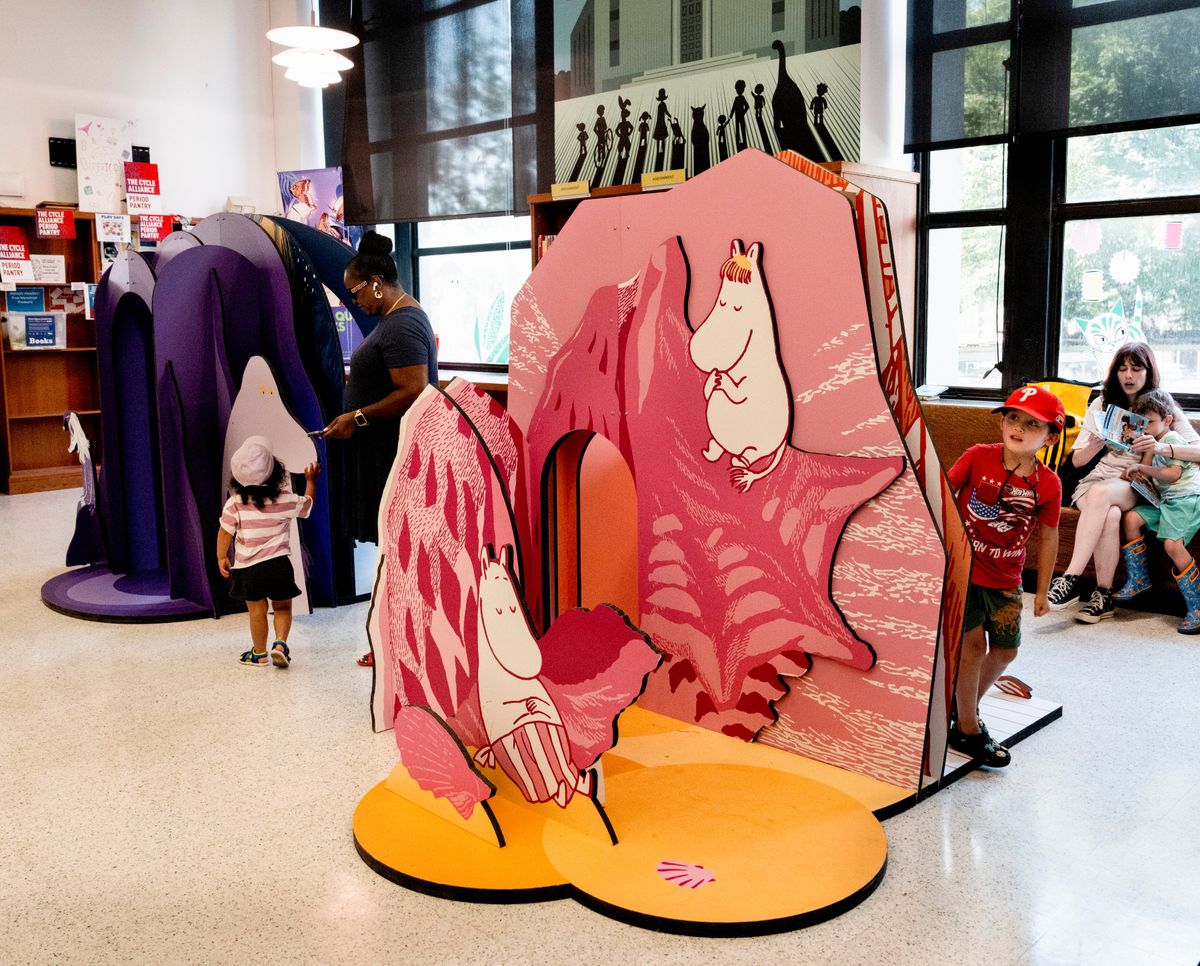 Installations for “The Door Is Always Open,” a new exhibition that celebrates the Finnish author Tove Jansson and her Moomin family creations, at the Brooklyn Public Library in New York, July 17, 2025. Like Snoopy and Miffy, the adorable Moomins have been rediscovered by members of a younger generation.  (New York Time)
