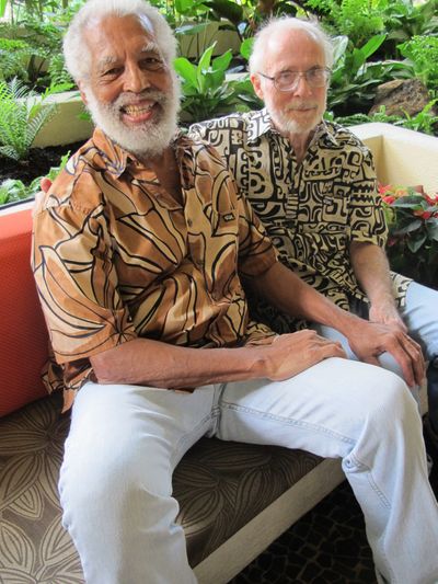 Rod Powell, left, and Bob Eddinger pose for a photo before marrying in Honolulu on Monday. (Associated Press)