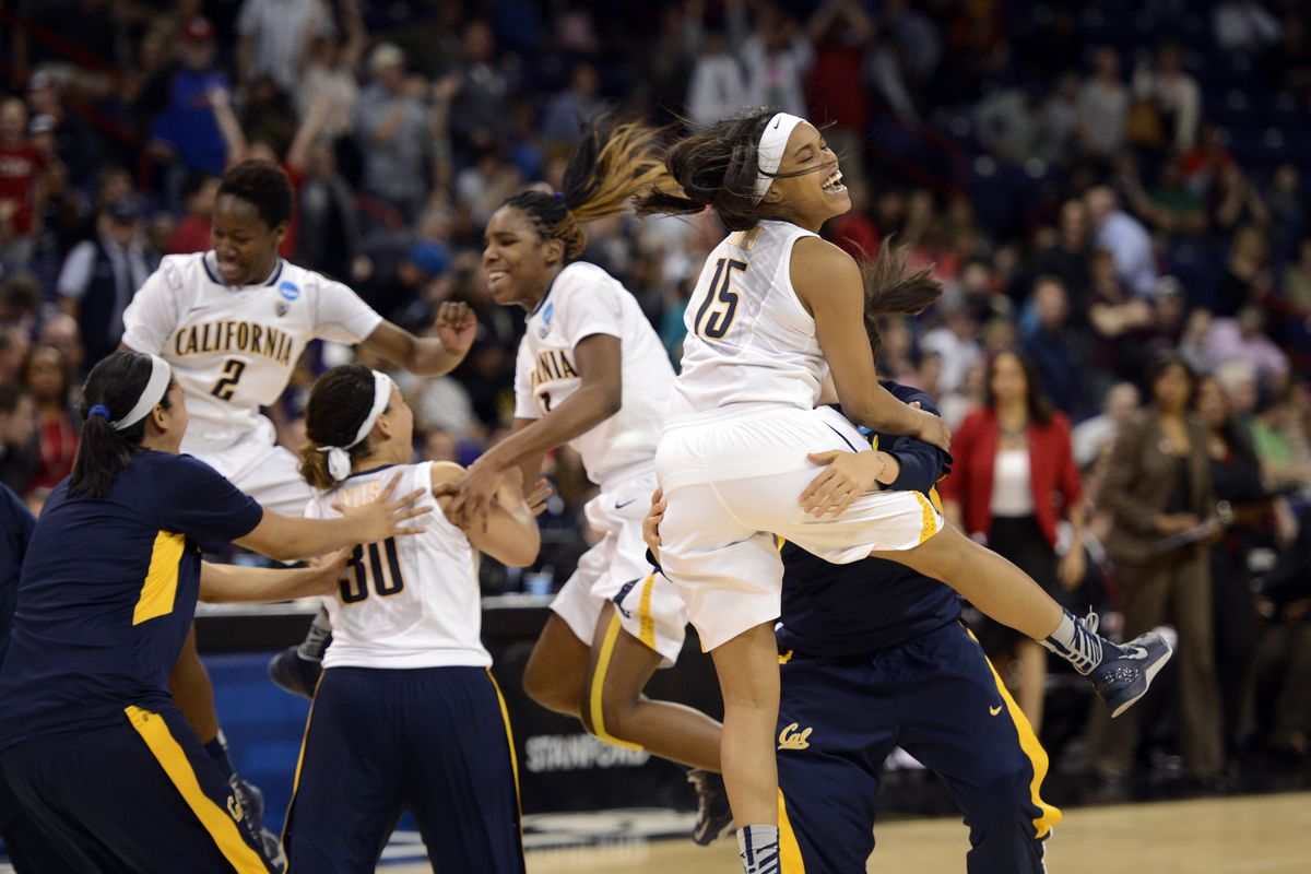 With Afure Jemerigbe (2), Reshanda Gray (21) and Brittany Boyd leading the way, Cal players celebrate OT win over Georgia on Monday. (Dan Pelle)