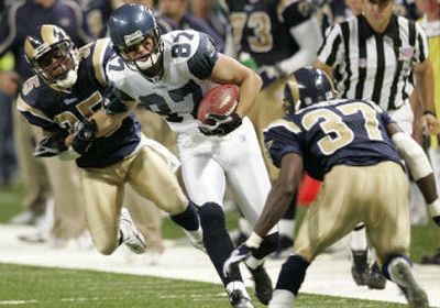 
Seattle Seahawks receiver Joe Jurevicius (87) played with special extra motivation against the St. Louis Rams on Sunday. 
 (Associated Press / The Spokesman-Review)