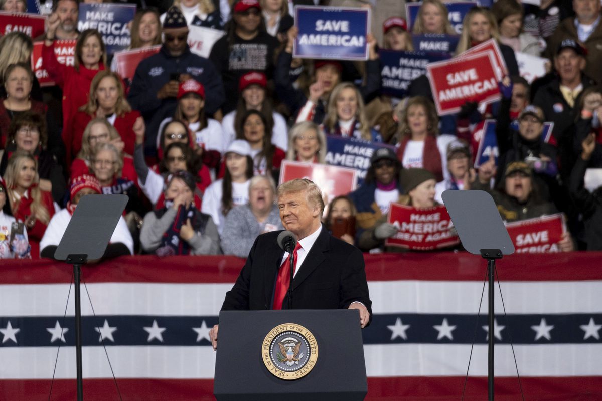 President Donald Trump addresses the crowd at a rally in Valdosta, Ga., on Sunday for U.S. Senators Kelly Loeffler, R-Ga., and David Perdue, R-Ga., who are both facing runoff elections on Jan. 5 that will determine control of the United States Senate. (Ben Gray)