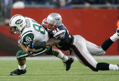 New England Patriots linebacker Jerod Mayo led his team in tackles.  (Associated Press / The Spokesman-Review)