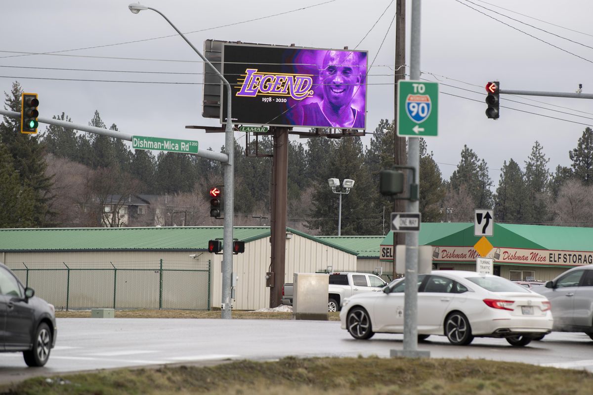 The digital billboard, owned by outdoor advertising giant Lamar, displays a tribute to the late basketball legend Kobe Bryant at the corner of Dishman/Mica Road and Appleway in Spokane Valley Tuesday, Jan. 28, 2020. (Jesse Tinsley / The Spokesman-Review)