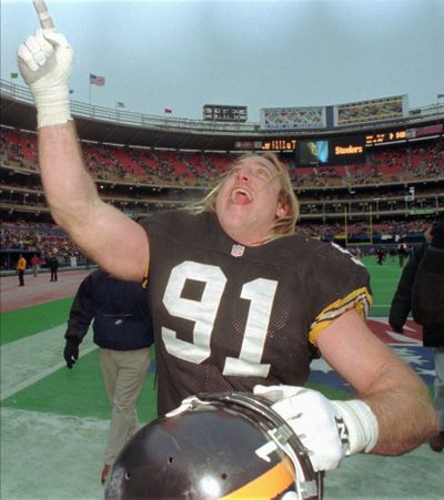 In this Jan. 6, 1996, file photo, Pittsburgh Steelers' Kevin Greene celebrates the Steelers 41-20 win over the Buffalo Bills at Three Rivers Stadium in Pittsburgh. (GENE J. PUSKAR / Associated Press)
