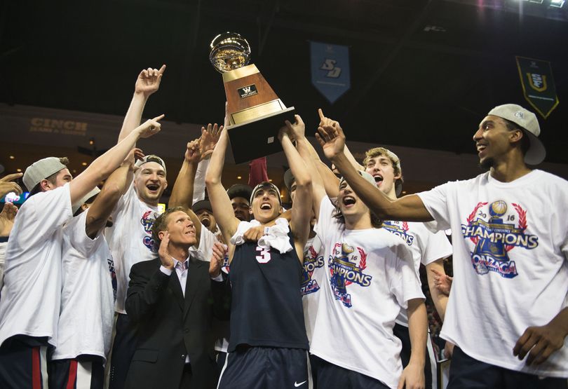 The Bulldogs raise the WCC trophy after beating St. Mary's 85-75 to win the West  Coast Conference tournament championship final college basketball game, Tues., March 8, 2016, at the Orleans Arena in Las Vegas. (Colin Mulvany / The Spokesman Review)