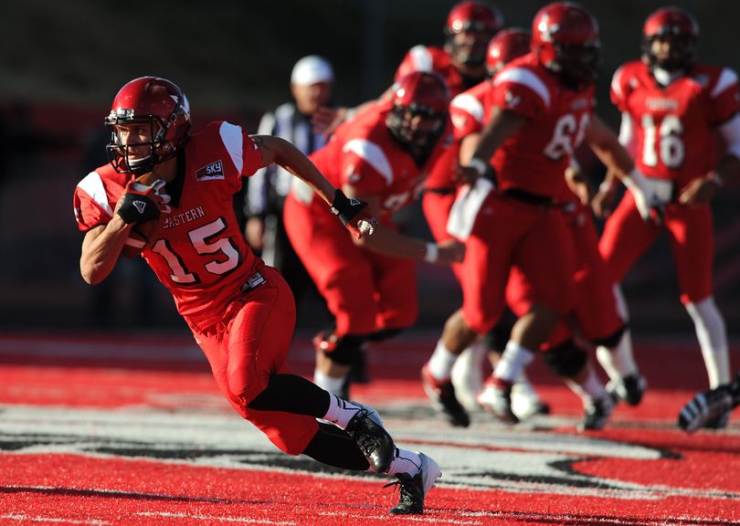 Eastern Washington receiver Ashton Clark sprints downfield in the first half of Saturday’s game in Cheney. (Tyler Tjomsland)