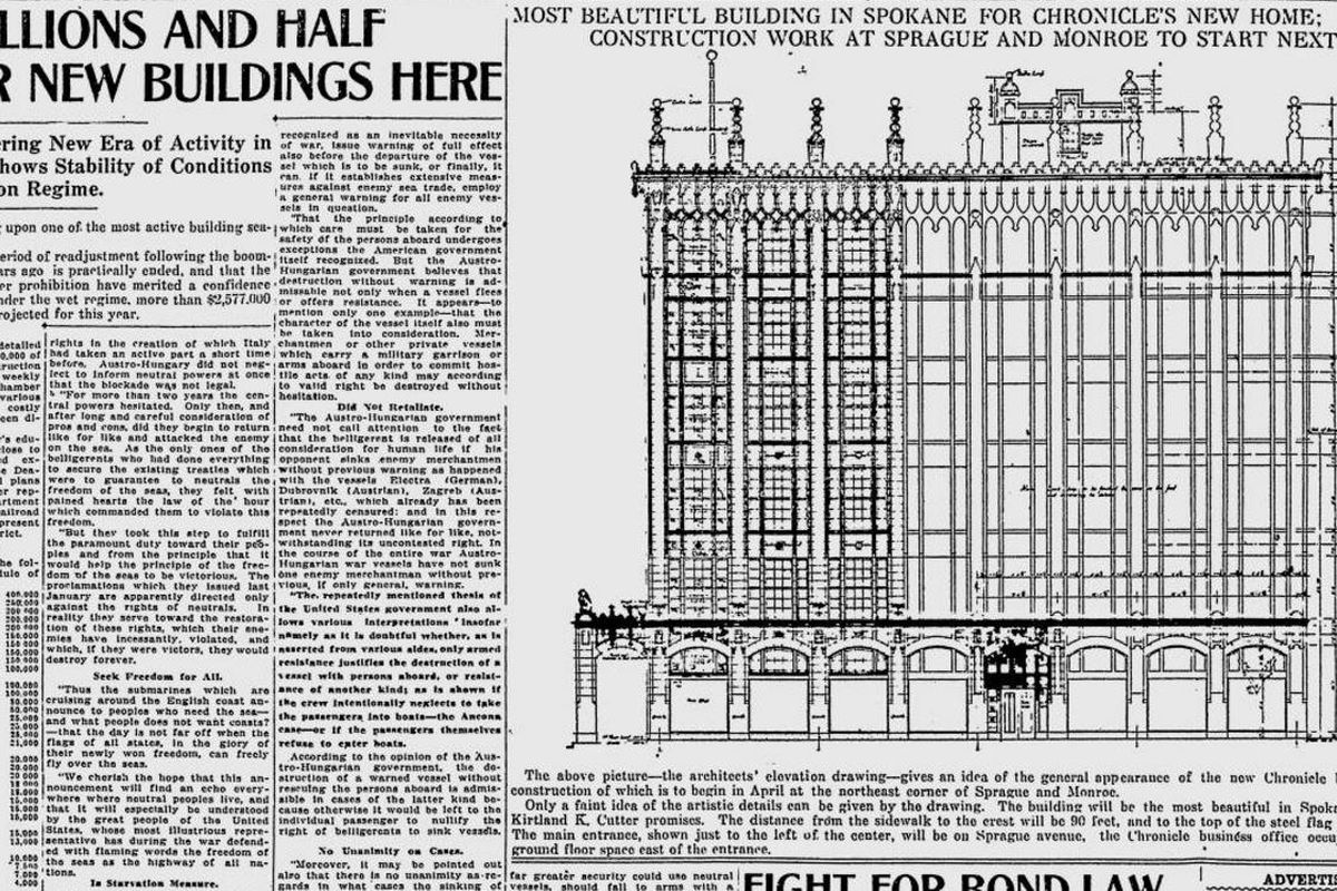 Spokane Daily Chronicle announced on March 6, 1917 that it was planning to build “a steel frame fireproof building six stories high, massive but beautiful, planned strictly for newspaper business. (Spokesman-Review archives)