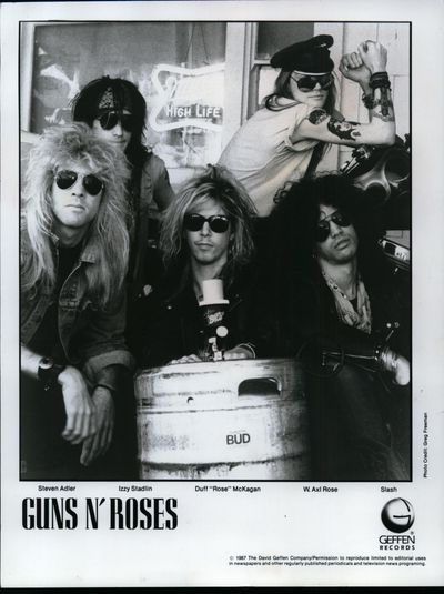 Guns N’ Roses, from left, Steven Adler, Izzy Stadlin, Duff McKagan, Axl Rose and Slash in a 1990 promotional photo. (Greg Freeman / David Geffen Company)