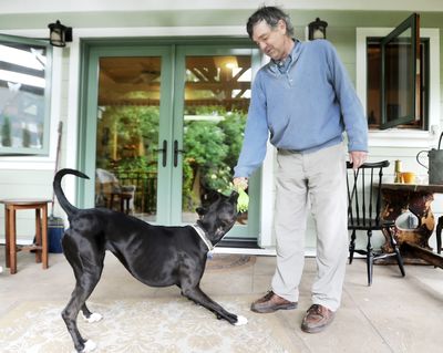 Harry Fuller plays with his dog, Nora, outside of his Ashland, Ore., home. Nora is on an organic raw-food diet. (Associated Press)