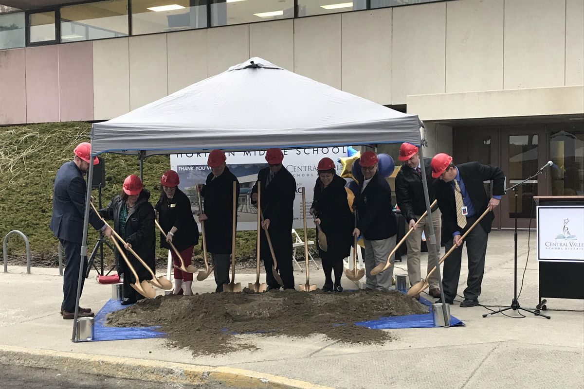 Central Valley School District Superintendent Ben Small, far right, is joined by district administrators and elected officials in a ceremonial groundbreaking last week at Horizon Middle School. (Nina Culver / The Spokesman-Review)