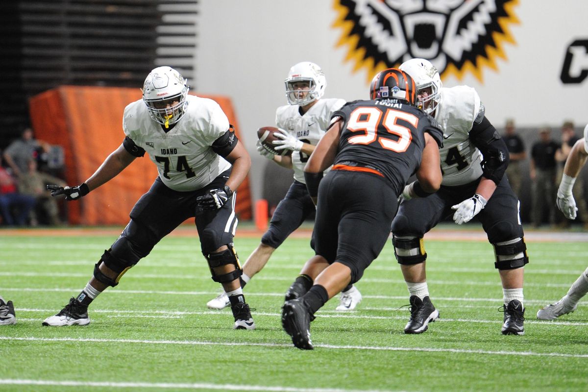 Idaho offensive lineman Noah Johnson (74) pass blocks during a game against Idaho State on Saturday in Pocatello. (Mary McAleese / Courtesy)