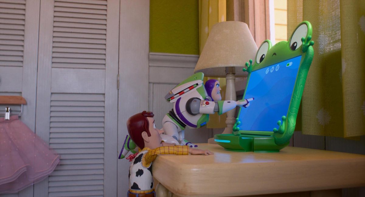 From left: Woody (voiced by Tom Hanks), Buzz Lightyear (voiced by Tim Allen) and Lilypad (voiced by Greta Lee) in Disney and Pixar’s “Toy Story 5.”  (Disney Pixar)